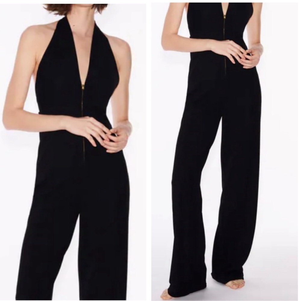 Zara Zip Front Wide Leg Halter Jumpsuit Black Stretchy Medium Low Cut - Picture 5 of 16